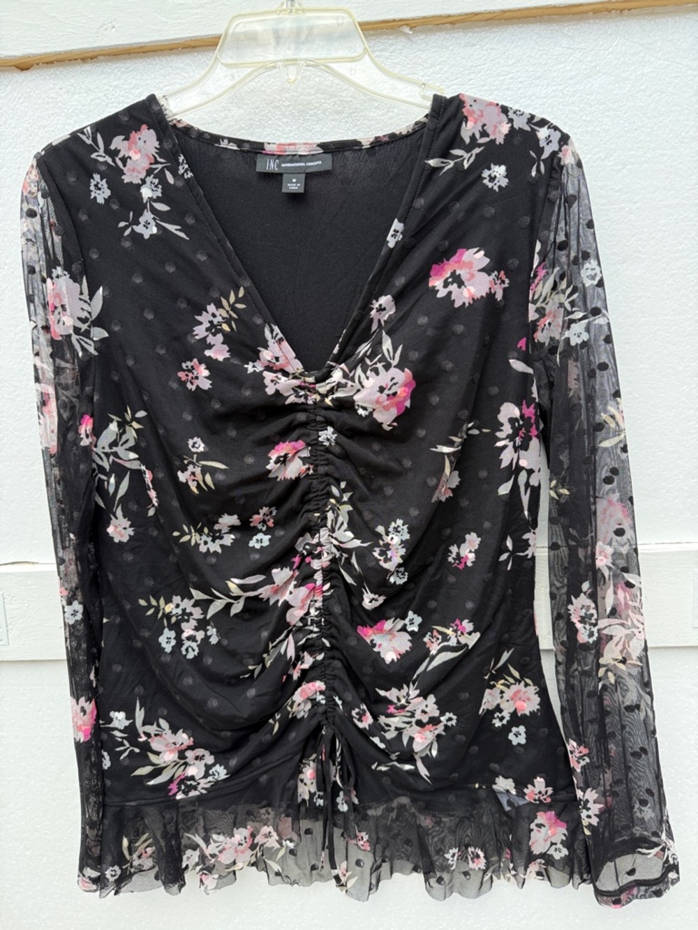 INC International Concepts Black Pink Floral Ruched V-Neck Long Sleeve Top